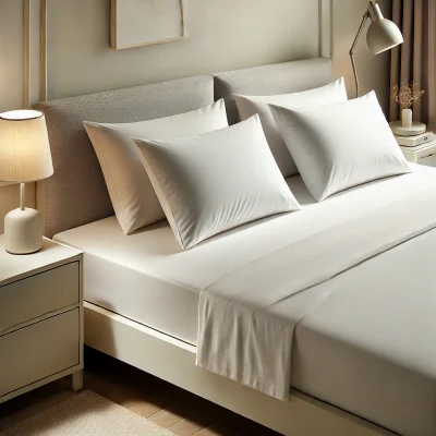 DALL·E 2024-11-23 06.43.34 - A high-quality image of a neatly spread plain bedsheet on a modern bed, with minimalistic and neutral-toned decor. The bedsheet is solid white, smooth