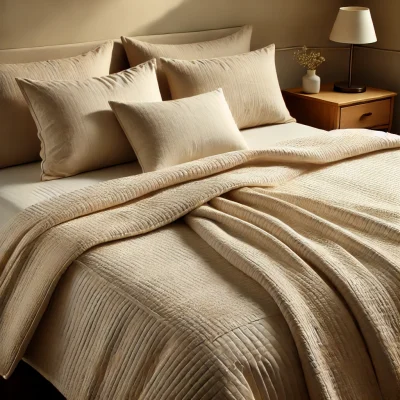 DALL·E 2024-11-23 06.53.18 - A plain quilt neatly spread on a bed in a cozy, well-lit bedroom. The quilt is made of uniform fabric in soft, neutral tones such as beige or cream. T